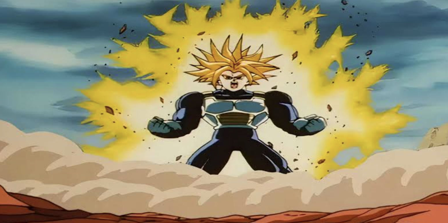 Hình ảnh cho thấy Future Trunks từ Dragon Ball Z đang biến hình thành Siêu Saiyan cấp 3 (còn được gọi là Siêu Siêu Saiyan hoặc Siêu Trunks).