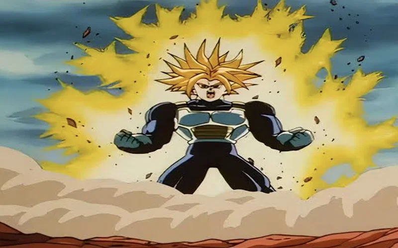 Hình ảnh cho thấy Future Trunks từ Dragon Ball Z đang biến hình thành Siêu Saiyan cấp 3 (còn được gọi là Siêu Siêu Saiyan hoặc Siêu Trunks).