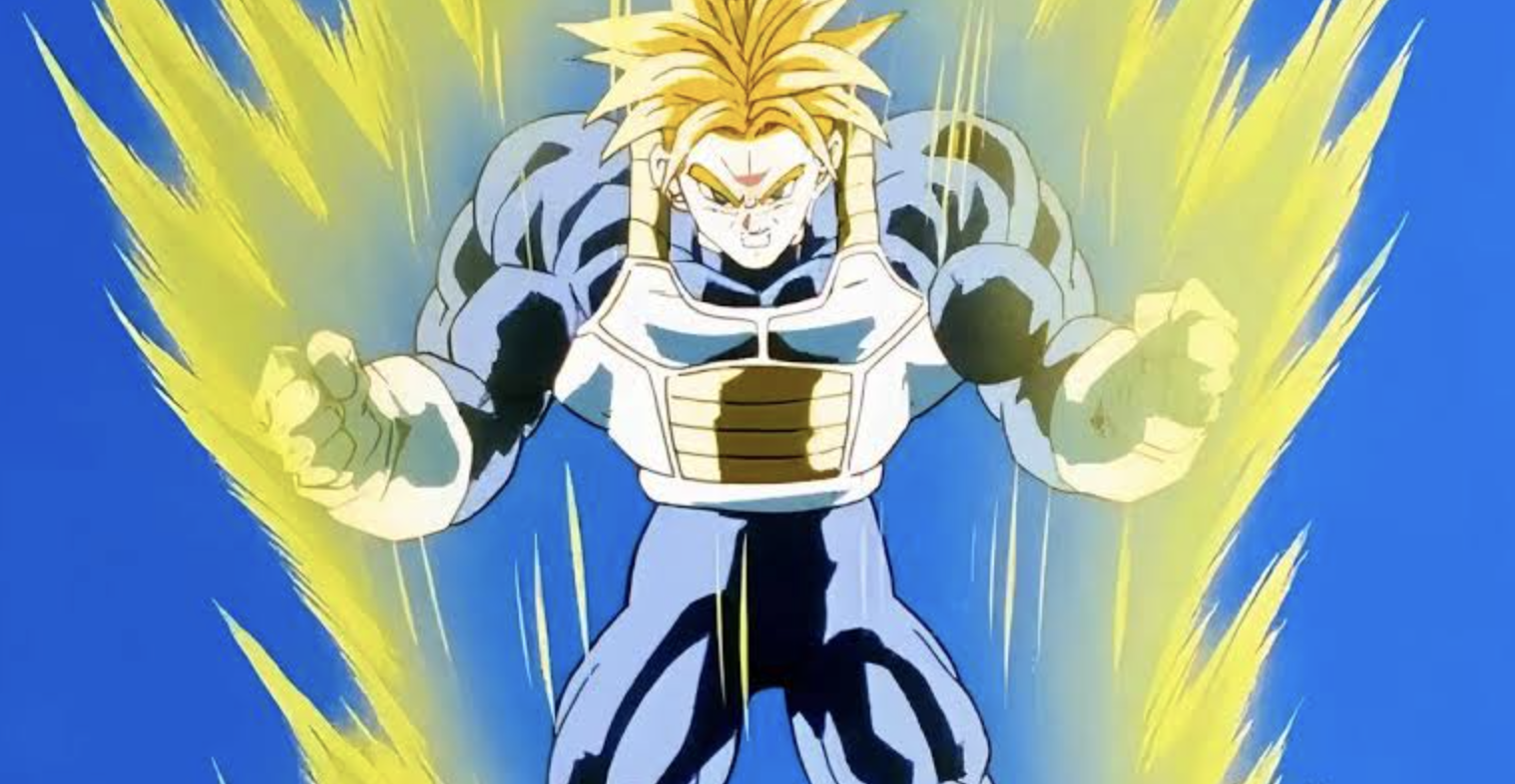 Hình ảnh cho thấy Future Trunks từ Dragon Ball Z đang biến hình thành Siêu Saiyan cấp 3 (còn được gọi là Siêu Siêu Saiyan hoặc Siêu Trunks).