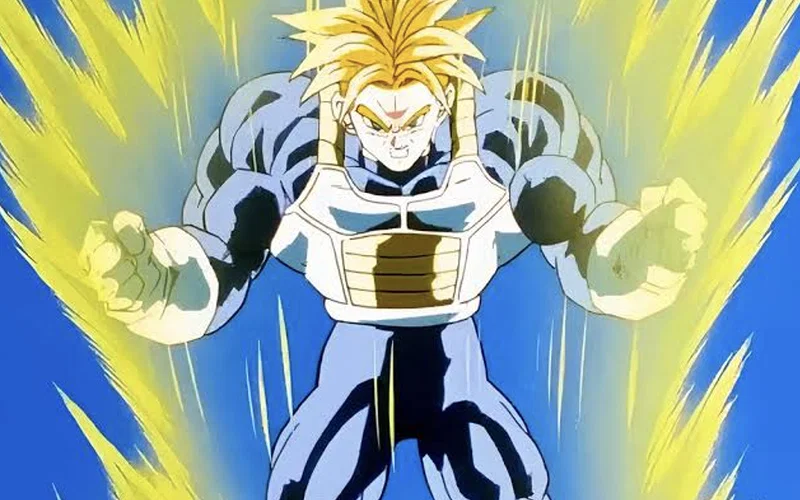 Hình ảnh cho thấy Future Trunks từ Dragon Ball Z đang biến hình thành Siêu Saiyan cấp 3 (còn được gọi là Siêu Siêu Saiyan hoặc Siêu Trunks).