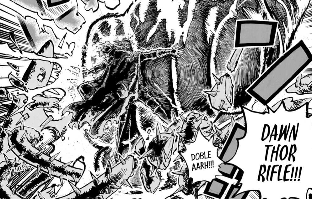 Monkey D. Luffy using his Gear 5 attack, Dawn Thor Rifle, against Saint Sommers in One Piece Chapter 1175. 