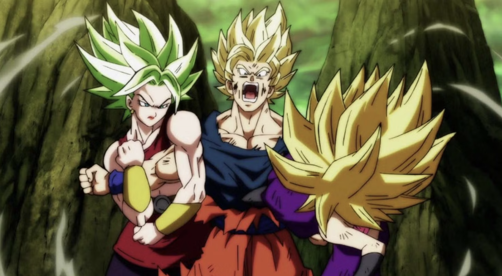 This image shows Son Goku fighting the Universe 6 Saiyans Caulifla and Kale during the Tournament of Power in Dragon Ball Super.