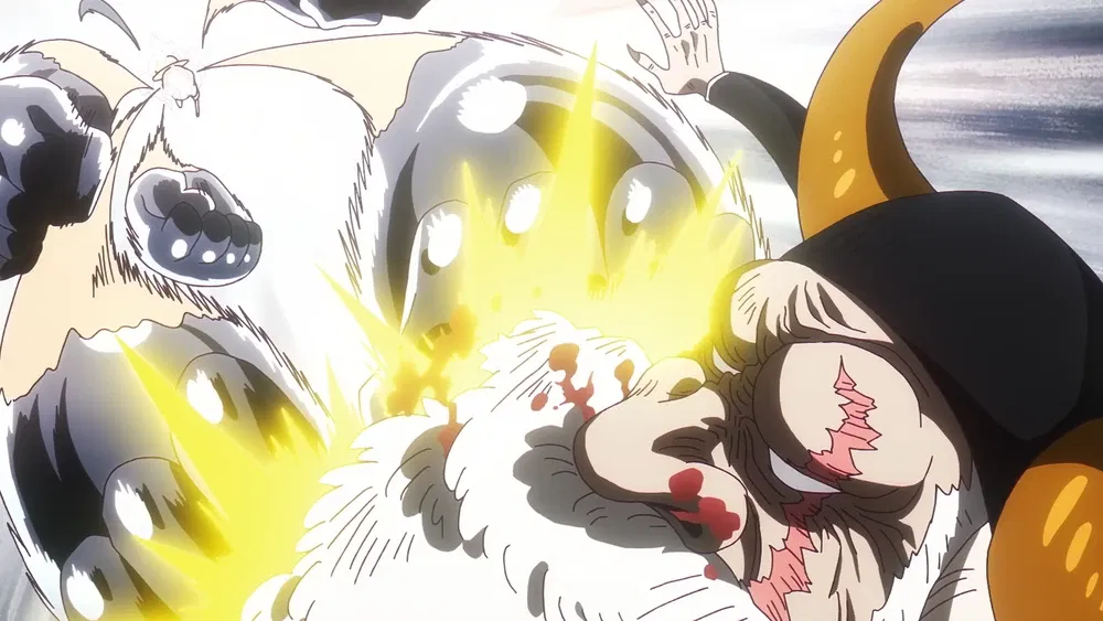 Monkey D. Luffy in his Gear 5 form using the Gomu Gomu no Dawn Gatling attack against Saint Jaygarcia Saturn in One Piece. 