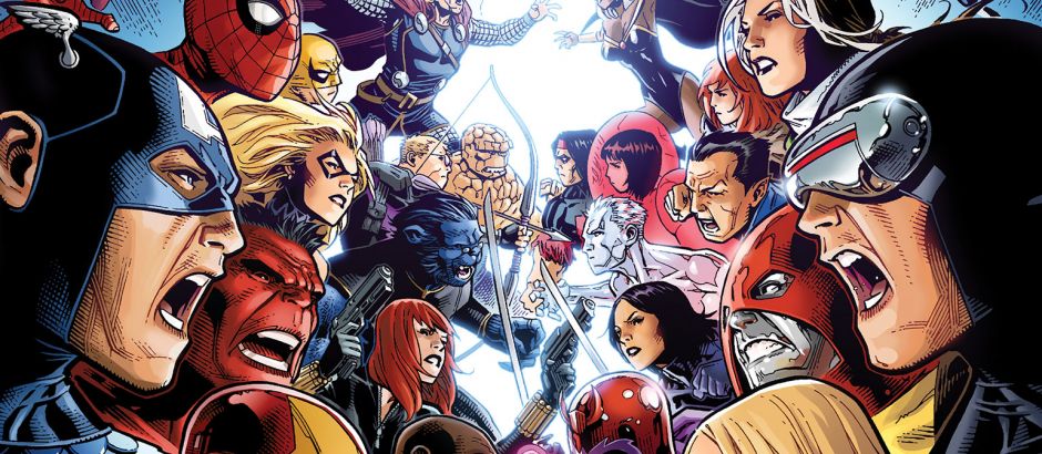 Two rows of Marvel heroes face off in a tense standoff, with Captain America, Hawkeye, Spider-Man, and the Thing on one side glaring across at Cyclops, Magik, and other X-Men on the other, all bathed in a bright white light between them.