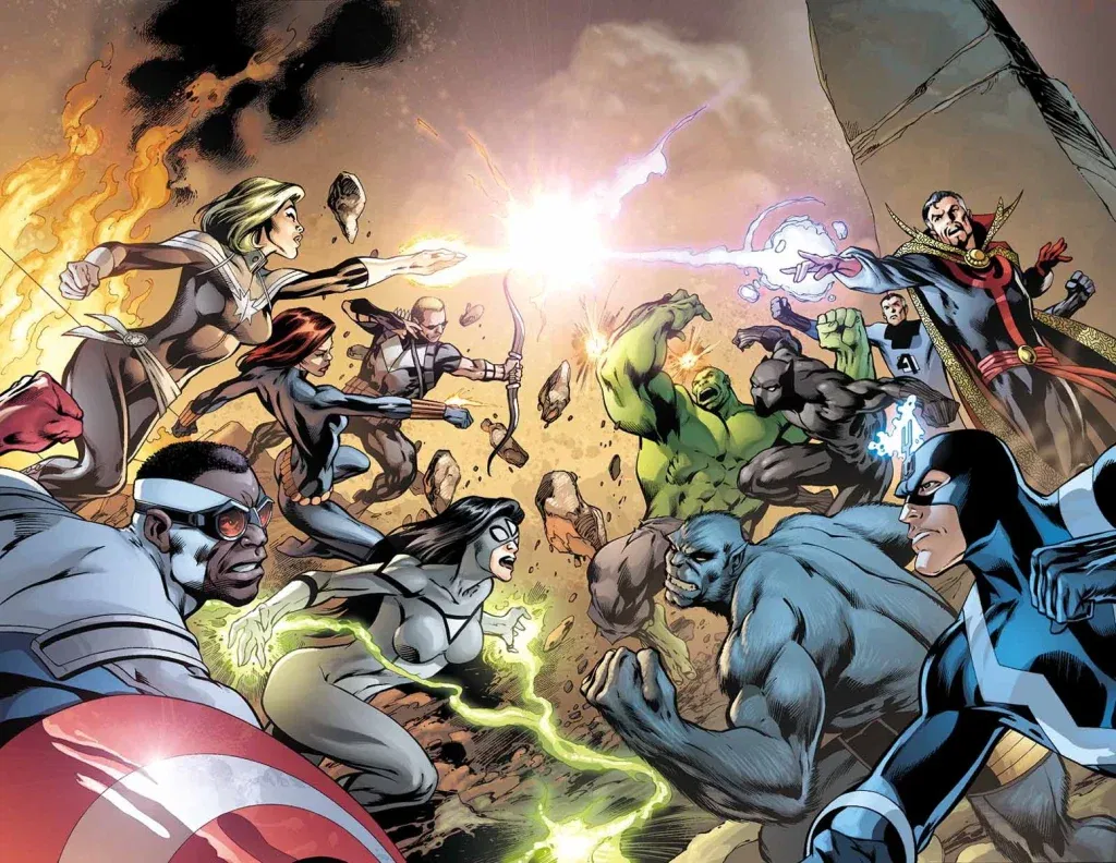 Captain Marvel, Black Widow, Hawkeye, and Captain America on one side clashing with the Hulk, Black Bolt, Doctor Strange, and Black Panther on the other, amid flames and rubble.