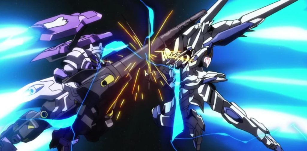 A showdown between the Gundam Kimaris Vidar and the Gundam Bael.