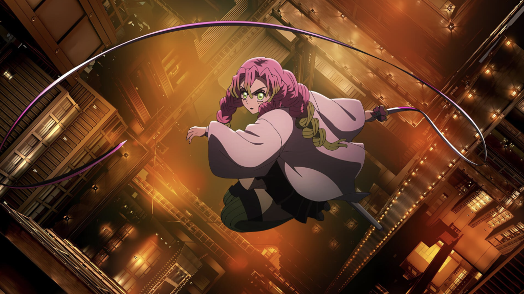 The image shows Mitsuri Kanroji from the anime [Demon Slayer: Kimetsu no Yaiba] wielding her whip-like Nichirin sword against an warm, glowing architectural background.