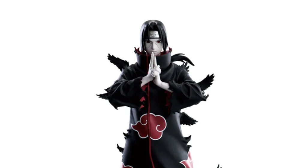 This is the Banpresto Naruto Shippuden Noir Edge Collection Itachi Uchiha figure, featuring Itachi performing a hand seal amidst scattering crows with a monochrome design and red accents. 