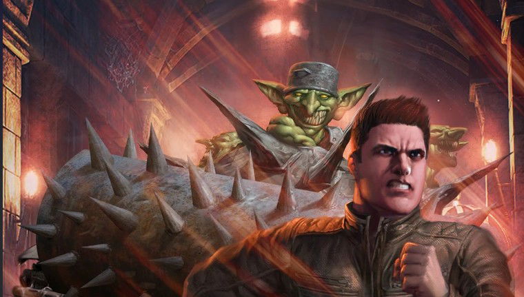 Cover art for Carl's Doomsday Scenario from the Dungeon Crawler Carl series — a determined man in a leather jacket stands in the foreground with fists clenched, while a menacing goblin swinging a massive spiked mace looms behind him in a torch-lit dungeon corridor.