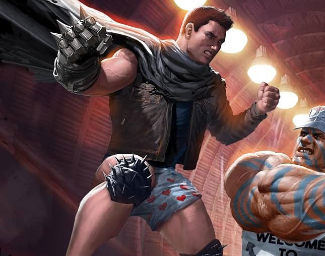 Close-up cover art for The Dungeon Anarchist's Cookbook, Dungeon Crawler Carl Book III — Carl leaps forward mid-punch in heart-print boxers and a spiked knee guard, while a bulky centaur-like creature in a Welcome to the Gun Show shirt bares its teeth behind him.