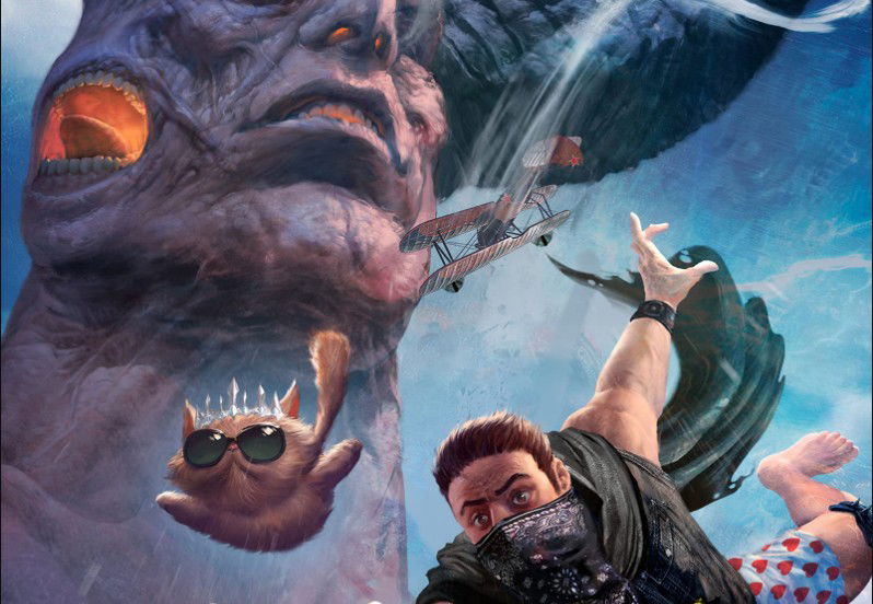 Cover art for The Gate of the Feral Gods from the Dungeon Crawler Carl series — a massive open-mouthed monster looms overhead as Carl, in a bandana mask and heart-print boxers, falls through the sky reaching upward, with Princess Donut and a small biplane visible nearby amid stormy clouds.