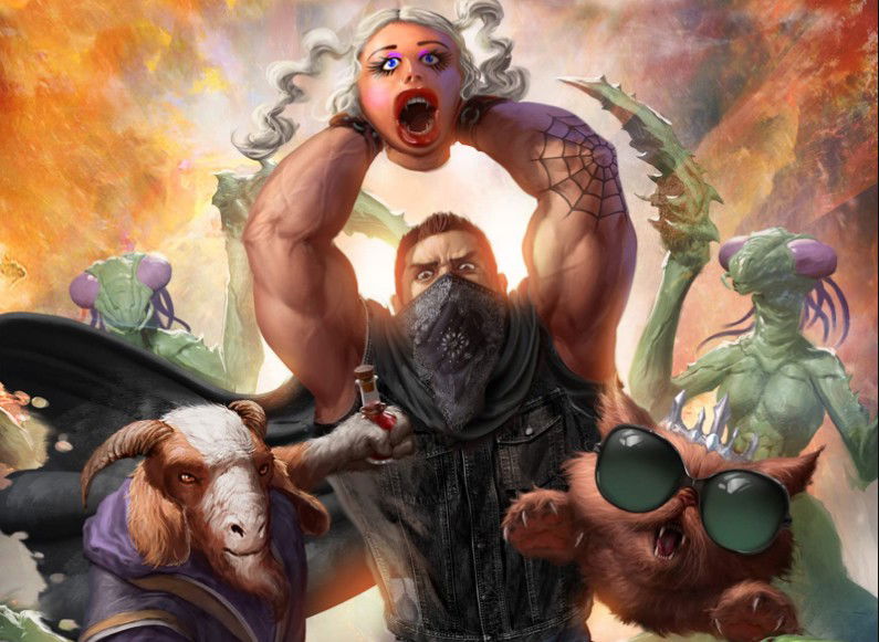 Cover art for The Butcher's Masquerade from the Dungeon Crawler Carl series — Carl in a bandana mask holds a large muscular figure with a doll-like painted face overhead, flanked by a goat-headed creature in robes, a sunglasses-wearing cat, and two mantis-like monsters against a fiery background.