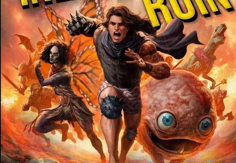 Cover art for This Inevitable Ruin from the Dungeon Crawler Carl series — Carl runs forward with long flowing hair and a spiked gauntlet, flanked by a woman with butterfly wings and a large round pink creature with two eyes, amid a fiery battle scene.