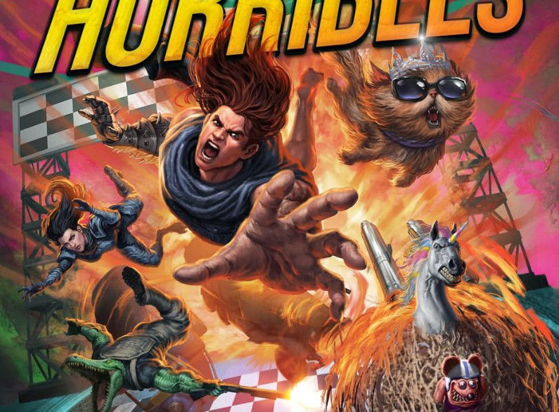 Cover art for A Parade of Horribles from the Dungeon Crawler Carl series — Carl leaps forward with a spiked gauntlet raised, while Princess Donut wearing a crown and sunglasses flies overhead, and a checkered racing flag, a monstrous horse creature, and other figures appear amid an explosive orange and pink background.