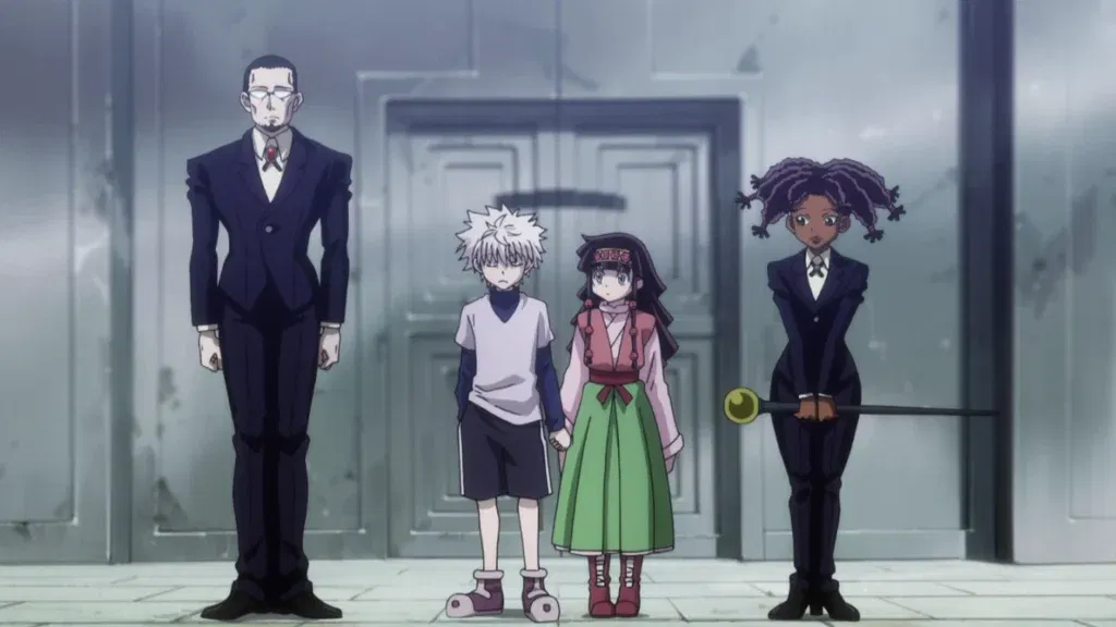 Killua Zoldyck and Alluka Zoldyck standing with the Zoldyck estate.