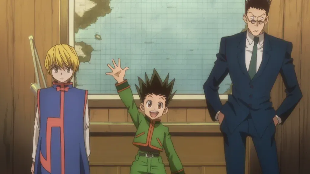 Gon Freecss, Kurapika, and Leorio Paradinight from the anime series Hunter x Hunter.