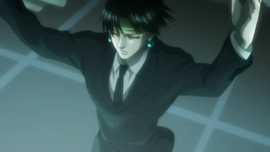 Chrollo Lucilfer from the anime Hunter x Hunter orchestrating a requiem during the Yorknew City arc.