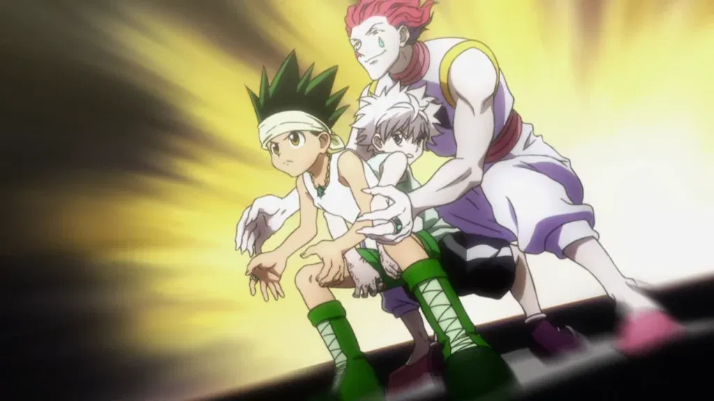 Gon Freecss, Killua Zoldyck, and Hisoka Morow from the anime series Hunter × Hunter during the intense dodgeball match against Razor on Greed Island.