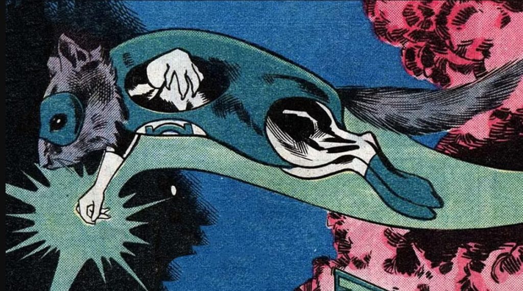 Ch'p, a squirrel-like Green Lantern, flies through space in a classic comic book panel, wearing his ring and Lantern uniform.