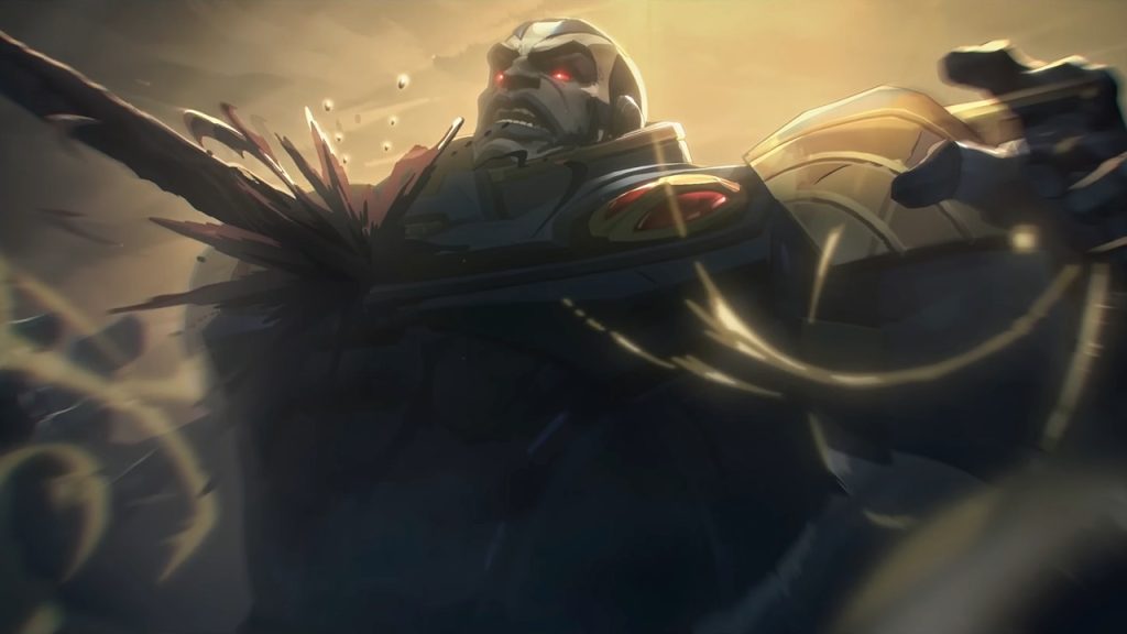 Marvel Rivals trailer scene featuring Apocalypse as Gorr the God Butcher's Necrosword stabs him through the heart.