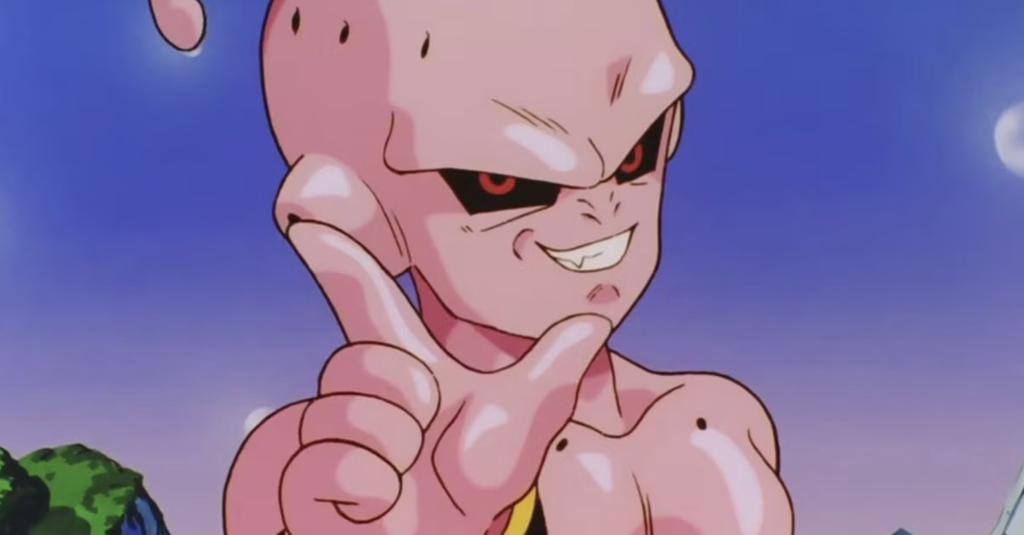6 Dragon Ball Arcs With The Best Fight Scenes, Ranked 3 The image shows Kid Buu (also known as Pure Buu) from the anime series Dragon Ball Z, pointing playfully or menacingly at the screen during the final climax of the Majin Buu Saga.
