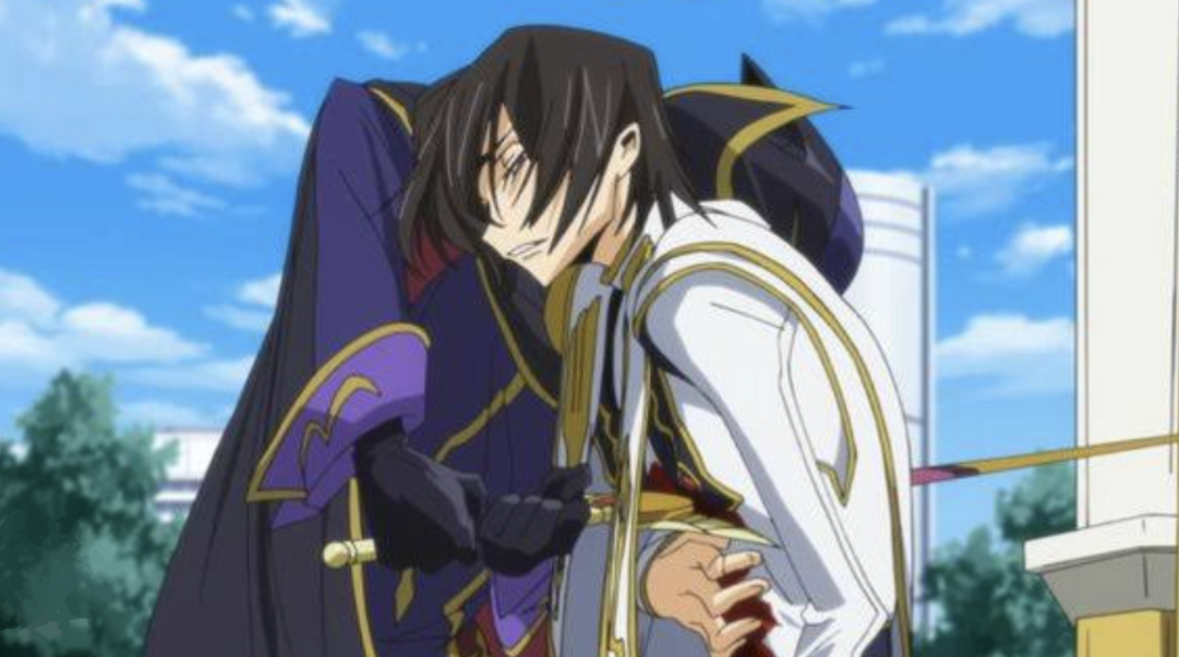 Lelouch vi Britannia is stabbed by Suzaku Kururugi disguised as Zero.