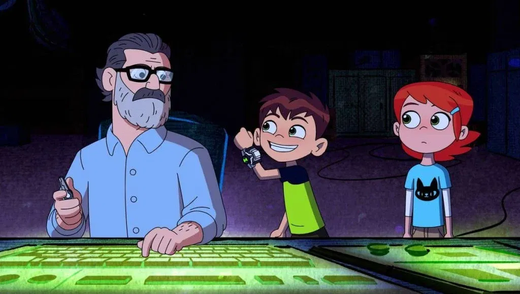 A bearded man with glasses in a blue shirt examines a glowing green control panel while Ben Tennyson, grinning and wearing the Omnitrix, and his cousin Gwen, with red hair and a cat T-shirt, look on in a dimly lit room.