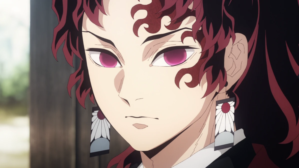  Kimetsu no Yaiba. He is recognizable by his dark red hair, deep red-violet eyes, facial mark, and signature hanafuda earrings. 