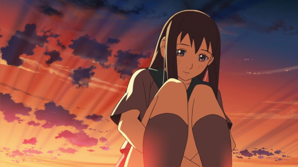 Sayuri from The Place Promised in Our Early Days sitting in the sunset