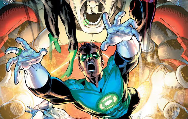 Comic book cover art showing a Green Lantern in a dynamic pose, screaming with arms outstretched toward the viewer, hands glowing white with power ring energy. A towering, menacing armored figure looms overhead in the background, mouth open in a roar, with orange and red explosive energy filling the scene behind them.