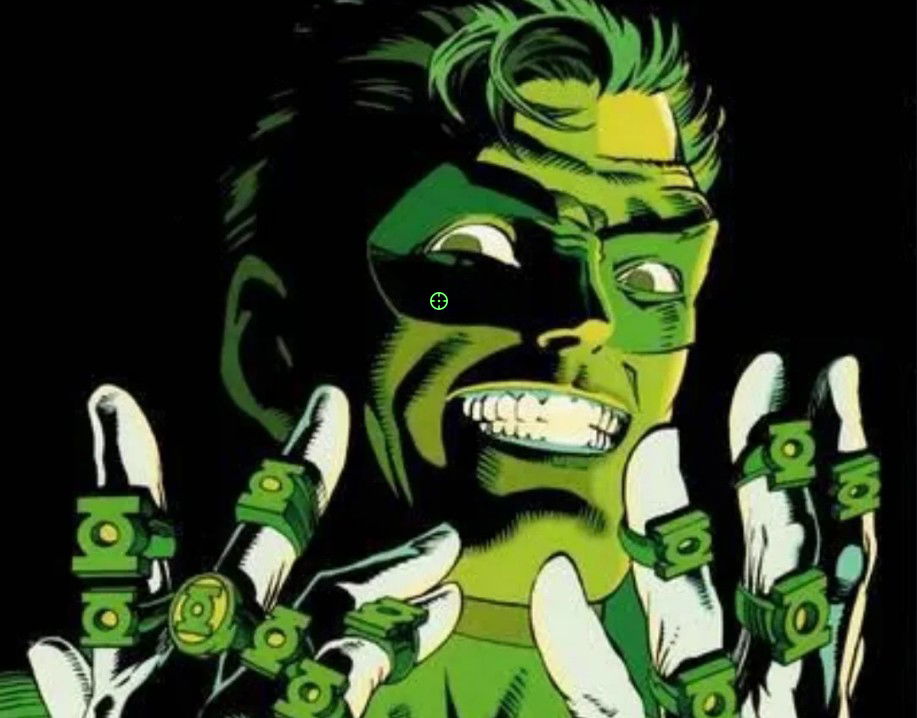 A comic panel close-up of a green-skinned figure with a menacing, grimacing expression, teeth bared, holding up both hands adorned with multiple stacked green power rings.
