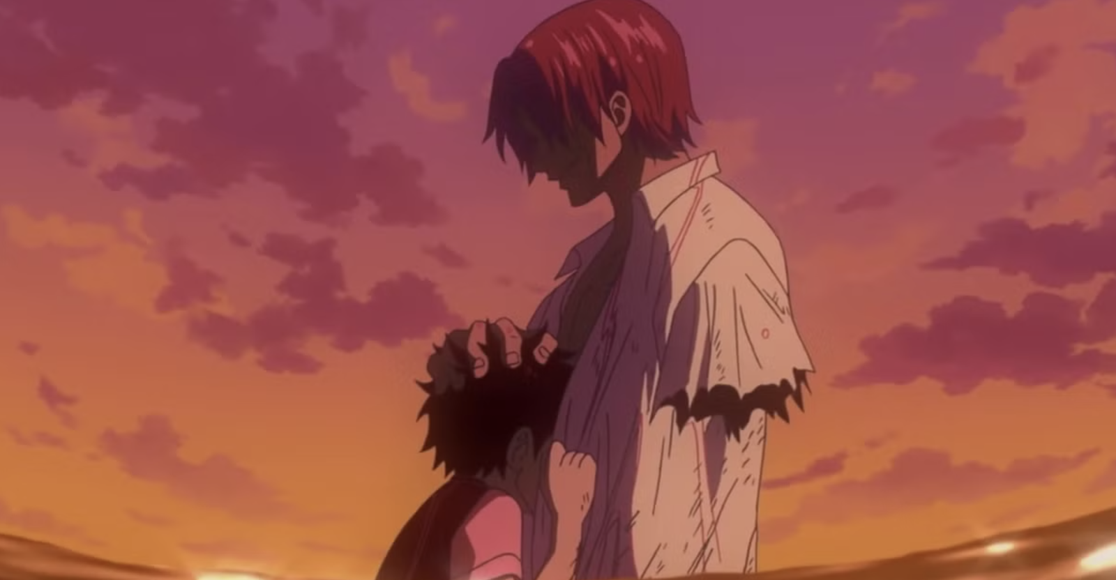 This image shows Red-Haired Shanks comforting a young Monkey D. Luffy in an emotional scene from the anime series One Piece.