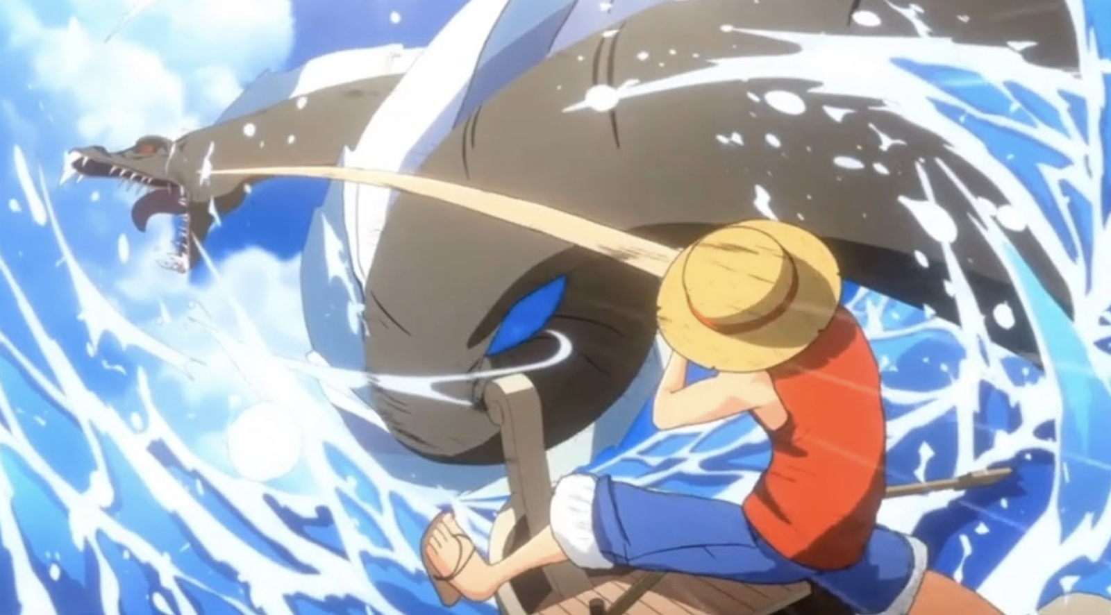 The image shows Monkey D. Luffy from the anime One Piece using his stretching ability to punch a Sea King.
