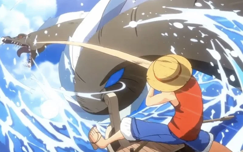 The image shows Monkey D. Luffy from the anime One Piece using his stretching ability to punch a Sea King.