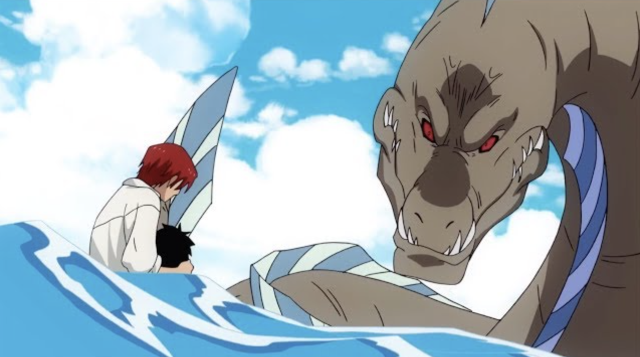 The image shows Red-Haired Shanks saving young Luffy from a giant sea monster known as the Lord of the Coast from the anime One Piece.