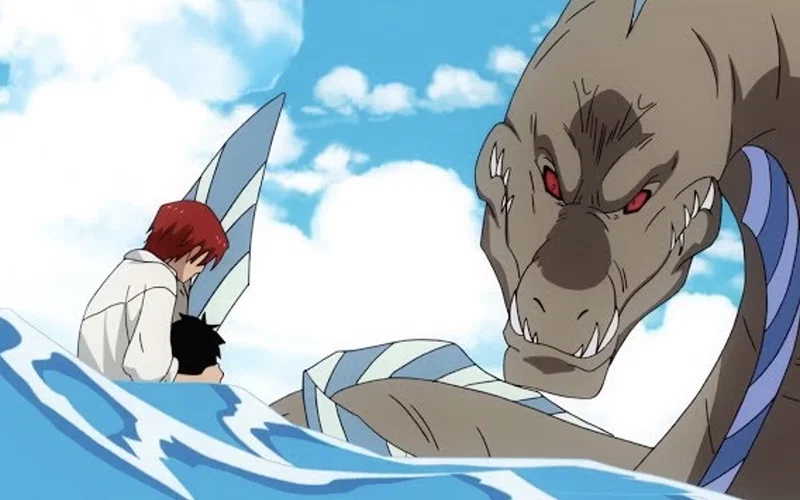 The image shows Red-Haired Shanks saving young Luffy from a giant sea monster known as the Lord of the Coast from the anime One Piece.