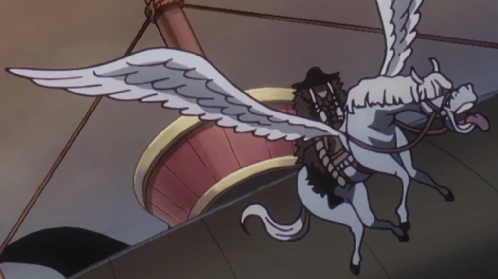 Stronger appears in hybrid-Pegasus form carrying Doc Q in this scene from One Piece Episode 1092.