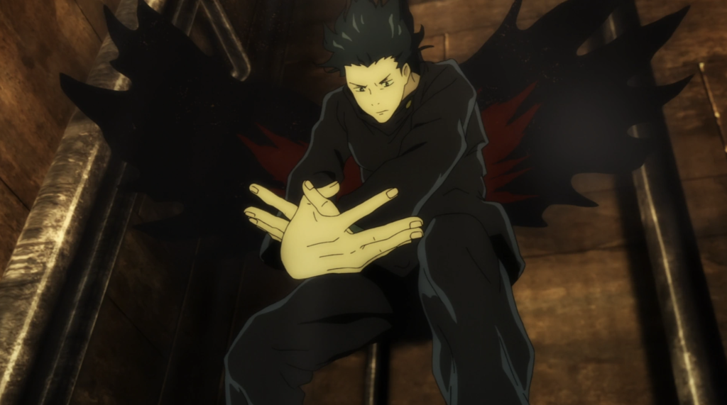 Megumi Fushiguro is forming a hand sign to summon Nue from the Ten Shadows Technique in Jujutsu Kaisen.