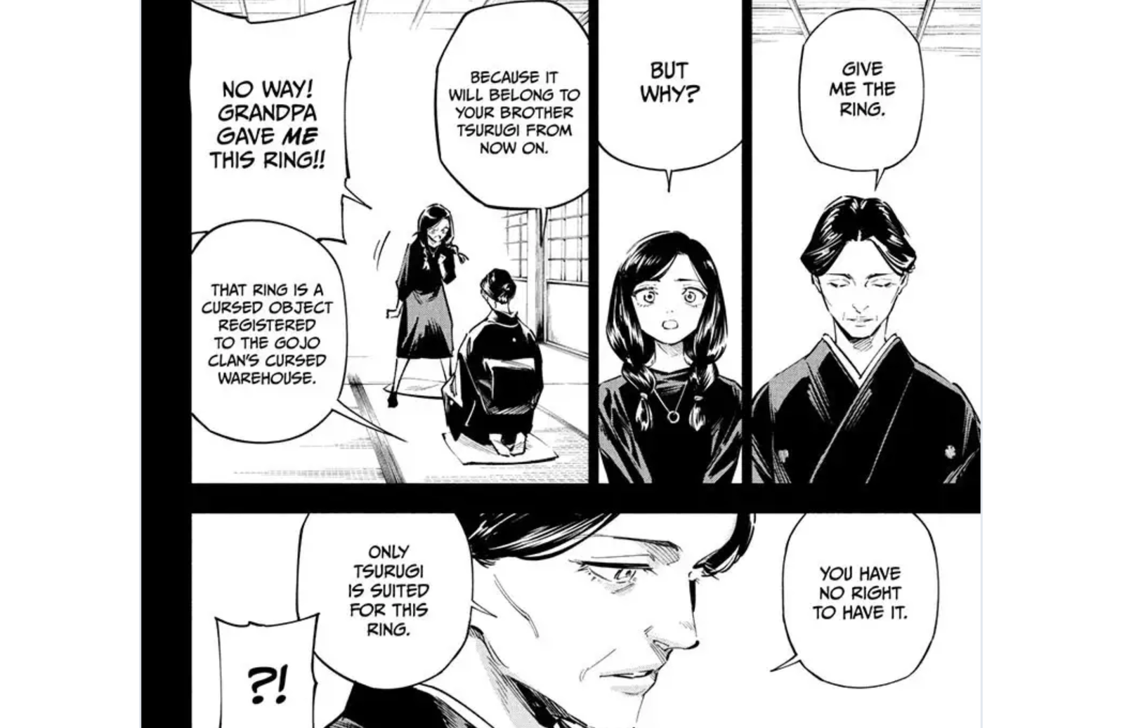 This image is a fan-made or apocryphal manga panel (commonly associated with community projects like Jujutsu Kaisen: Modulo / lobotomy/fan continuation content) depicting clan elders taking Yuta's/grandfather's ring from Yuka to give to Tsurugi.