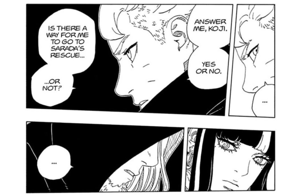 This panel shows Boruto pressing Kashin Koji for a way to save Sarada, while Koji has Inojin cut Boruto from their communication link.