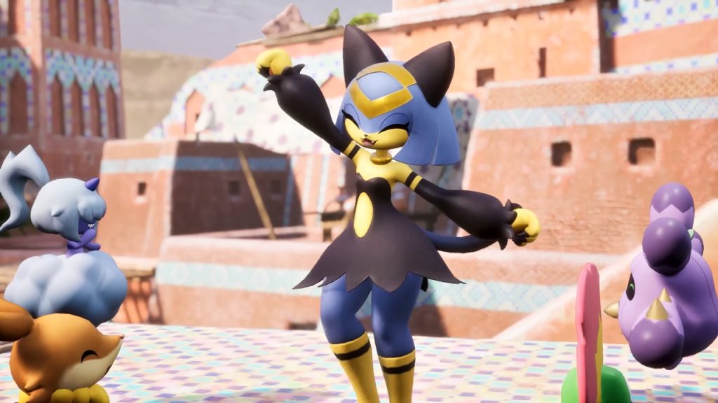 Palworld trailer scene showcasing Sekhmet, the Ground-type Pal found in the game.