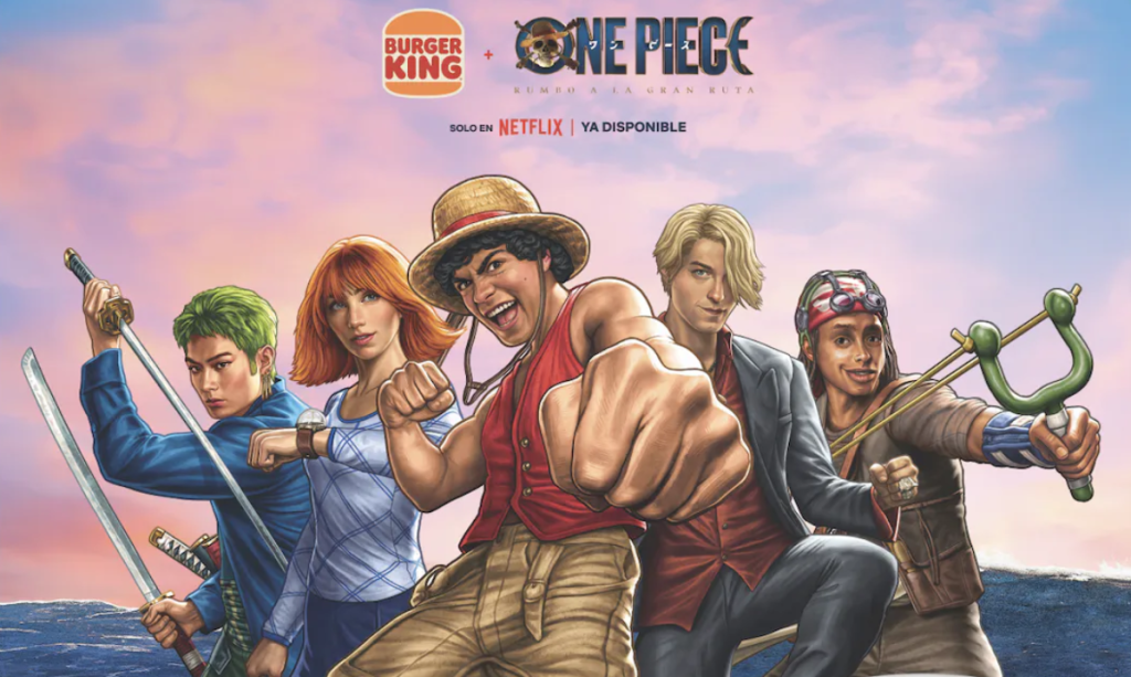 This image shows a promotional poster for a Burger King and Netflix One Piece live-action collaboration featuring the Pirate Whopper combo.