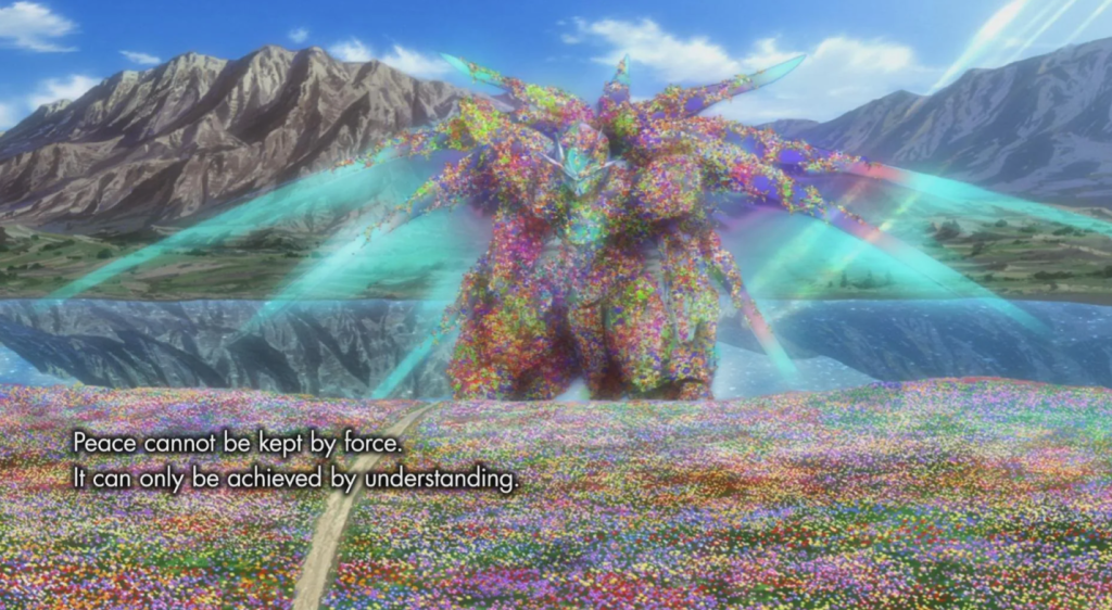 The 00 Qan[T] or 00 Raiser overgrown with flowers, symbolizing peace and mutual understanding.