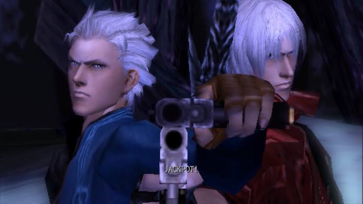Dante and Vergil in their iconic Jackpot post from DMC 3