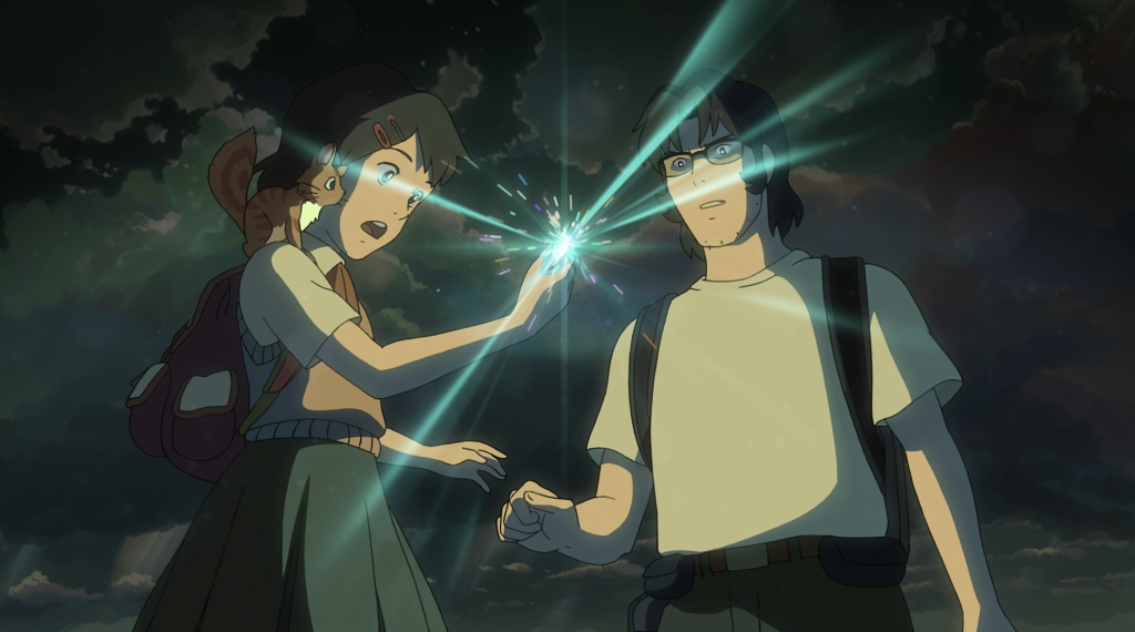 This scene is from the animated film Children Who Chase Lost Voices (2011) directed by Makoto Shinkai. Appears to show Asuna (left, with her cat-like companion Mimi on her shoulder) and Ryuji Morisaki (right, wearing glasses). Asuna holds a glowing crystal/shard that emits bright light rays, facing Morisaki outdoors at night against a cloudy sky.