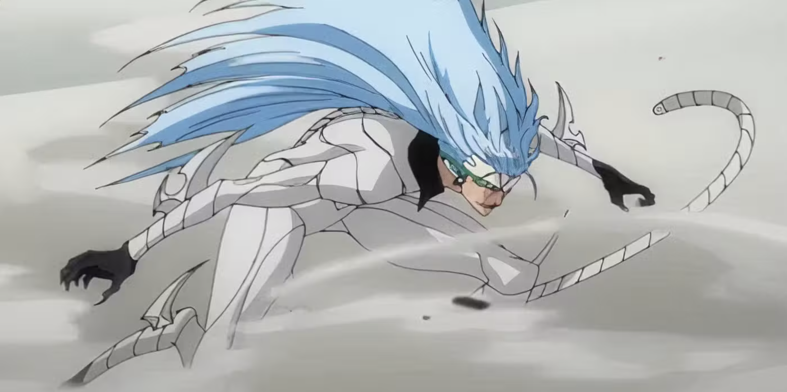 Grimmjow Jaegerjaquez in his Pantera Resurrección form from Bleach. He is shown with a sleek white armor plating, long light-blue hair, feline tail, claws, and mask remnants over the forehead/jaw.