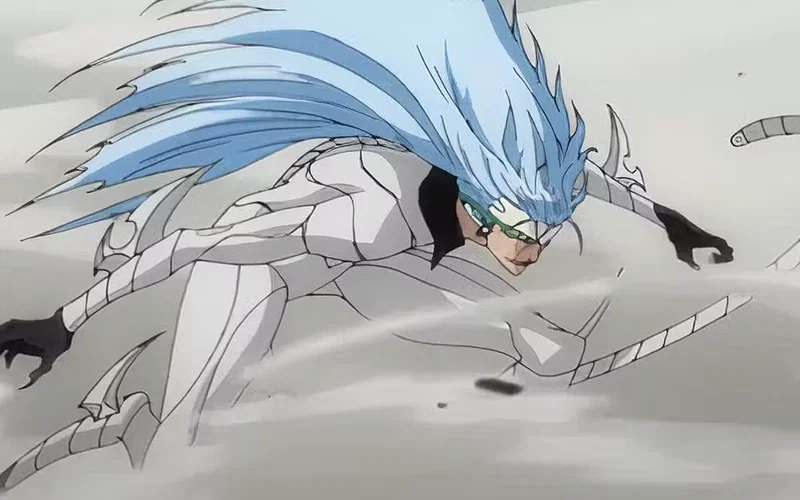 Grimmjow Jaegerjaquez in his Pantera Resurrección form from Bleach. He is shown with a sleek white armor plating, long light-blue hair, feline tail, claws, and mask remnants over the forehead/jaw.