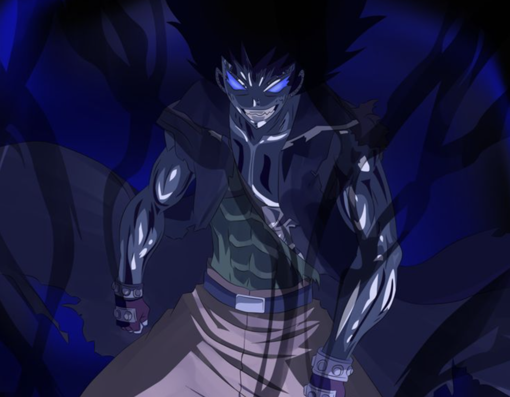 Gajeel Redfox appears in his Iron Shadow Dragon Mode from Fairy Tail. He appears with a dark metallic sheen on arms/shoulders, glowing pale blue eyes, shadowy aura, and a dark grin.