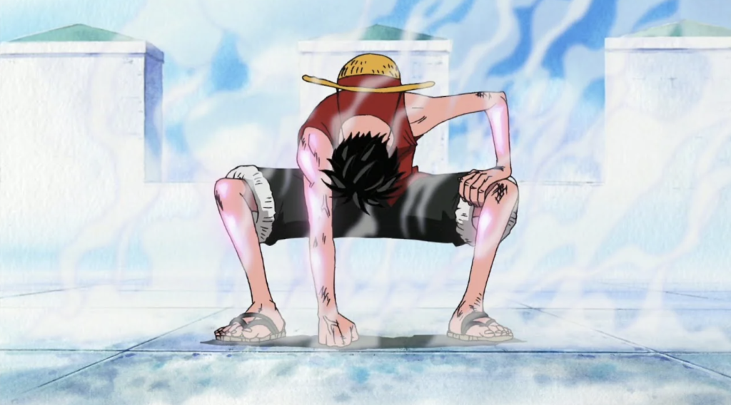 Monkey D. Luffy activates Gear 2nd (Gear Second), venting steam from his accelerated blood flow.