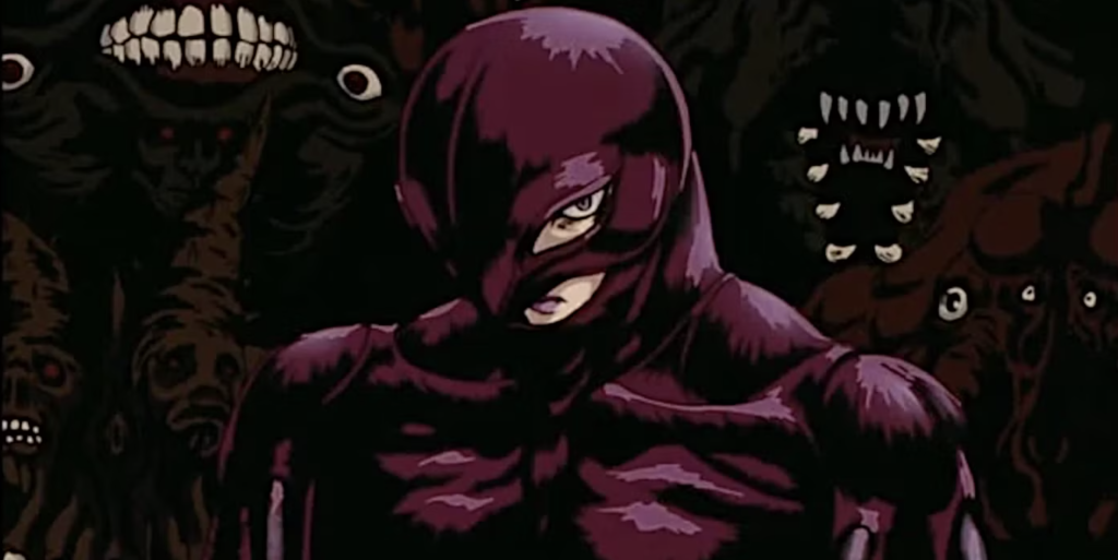 This image shows Griffith reborn as Femto from the dark fantasy anime series Berserk (1997 adaptation), surrounded by apostles during the Eclipse.
